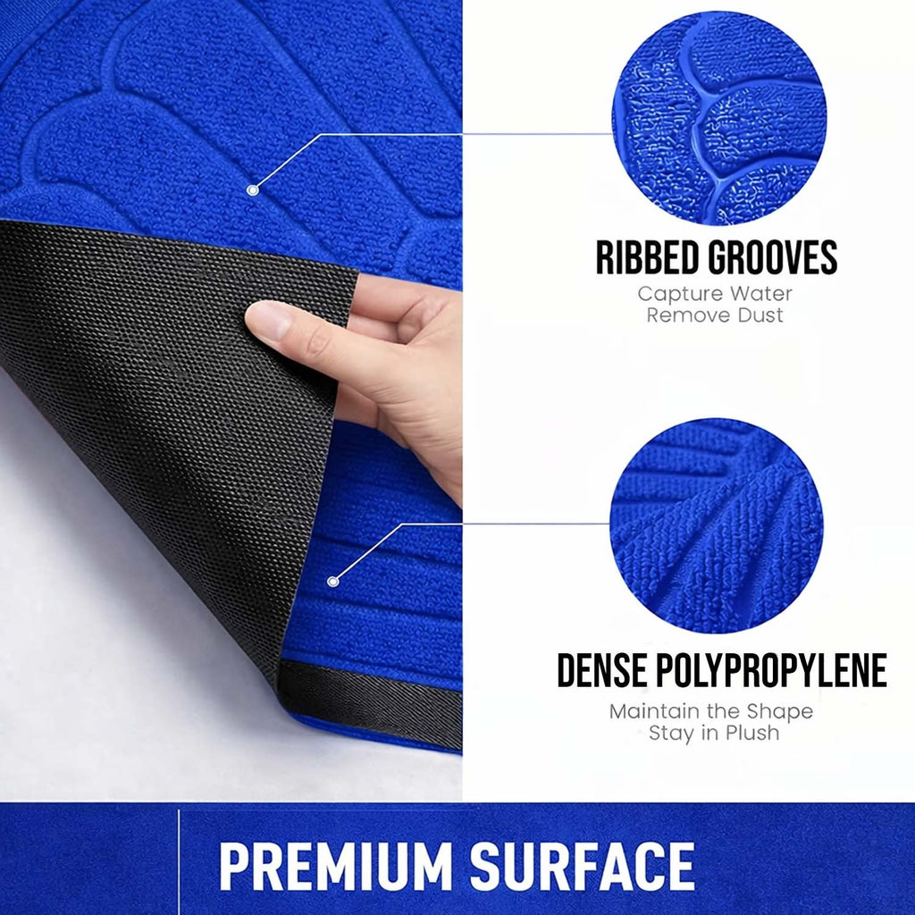GoHooked royal blue semi-circle rubber door mat with ribbed grooves and dense polypropylene surface for home entrance