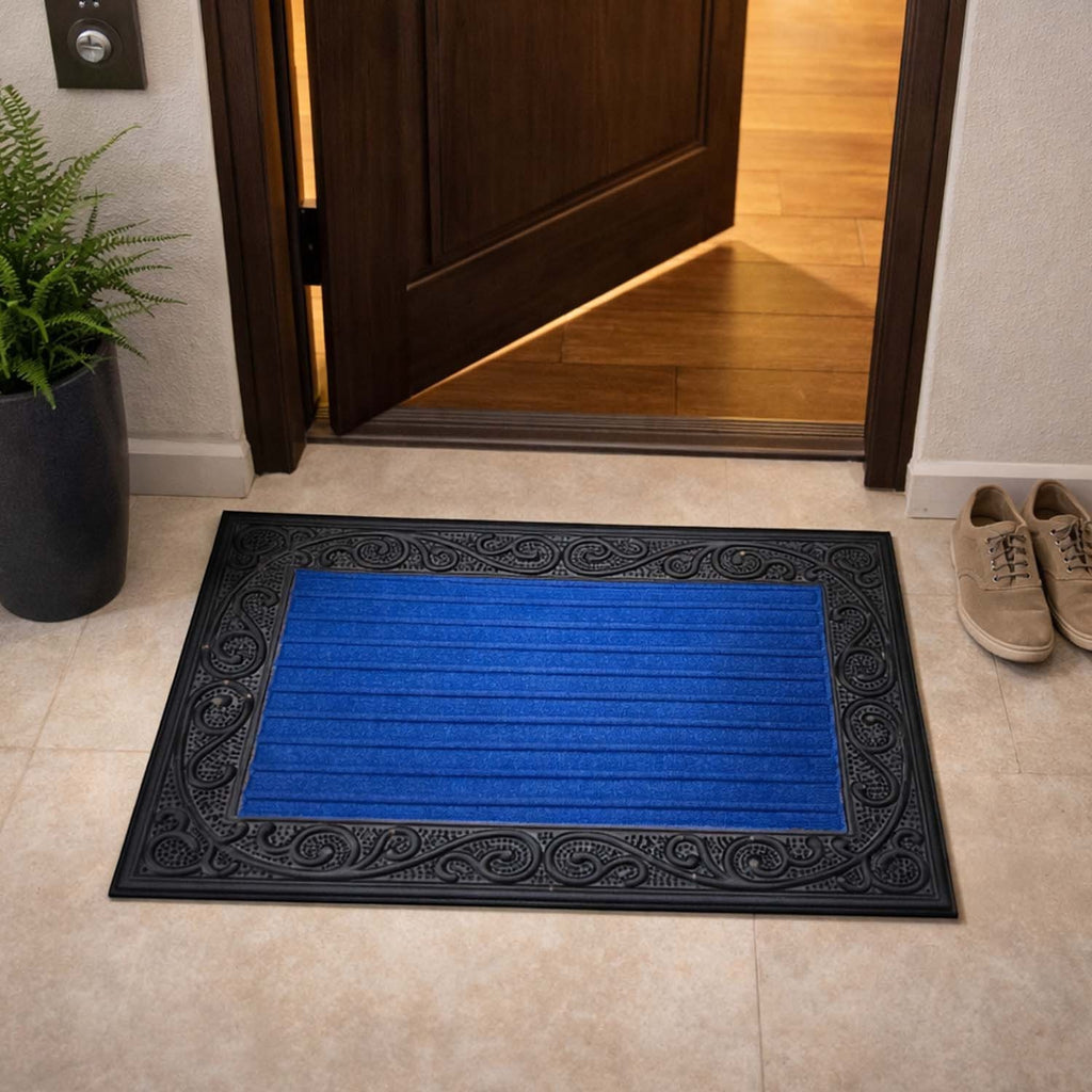 GoHooked blue rubber door mat with a decorative black border and ribbed surface placed at a home entrance.