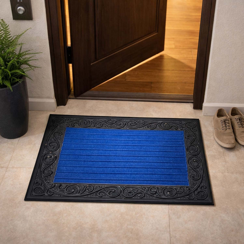 GoHooked blue rubber door mat with a decorative black border and ribbed surface placed at a home entrance.