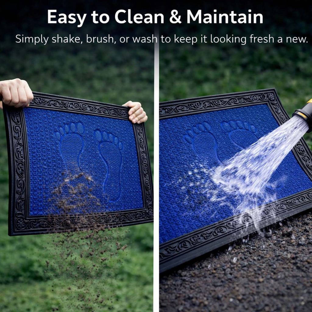 GoHooked blue rubber door mat with footprint design being cleaned with water and shaken to remove dirt.