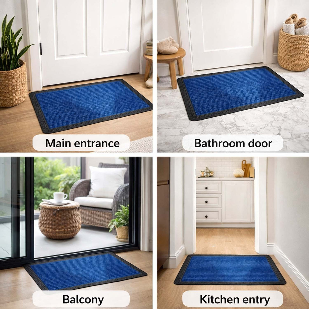 GoHooked blue rubber door mat with ribbed texture for home entrance, kitchen, and bathroom floor protection.