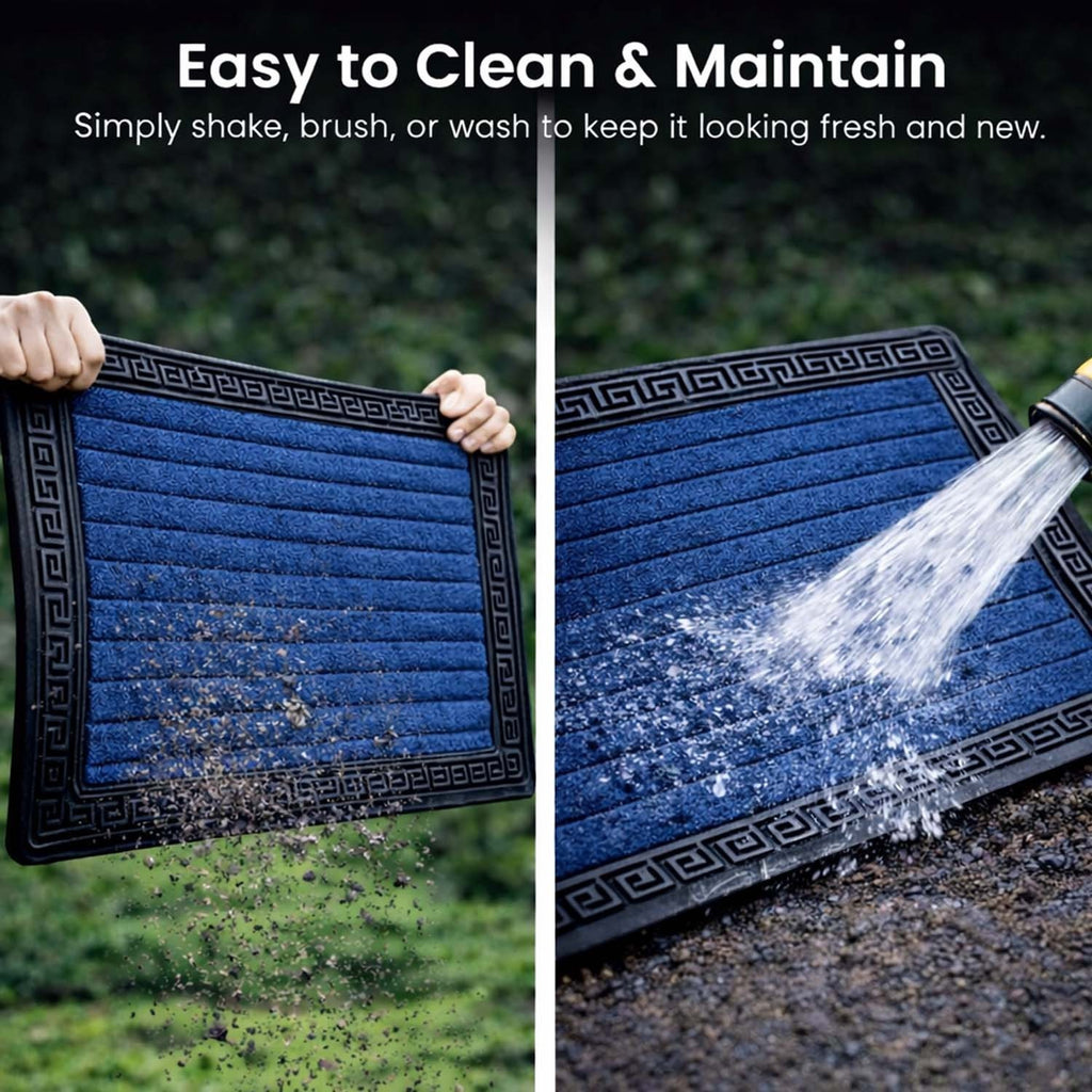 GoHooked blue rubber door mat with ribbed texture and decorative border being cleaned with water and shaken outdoors.