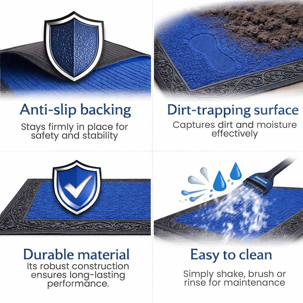 GoHooked blue rubber door mat with anti-slip backing, pebble texture for dirt trapping, and easy-to-clean design.