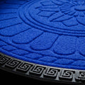 GoHooked Imperial Lotus blue rubber half circle door mat with embossed floral pattern and black geometric border.