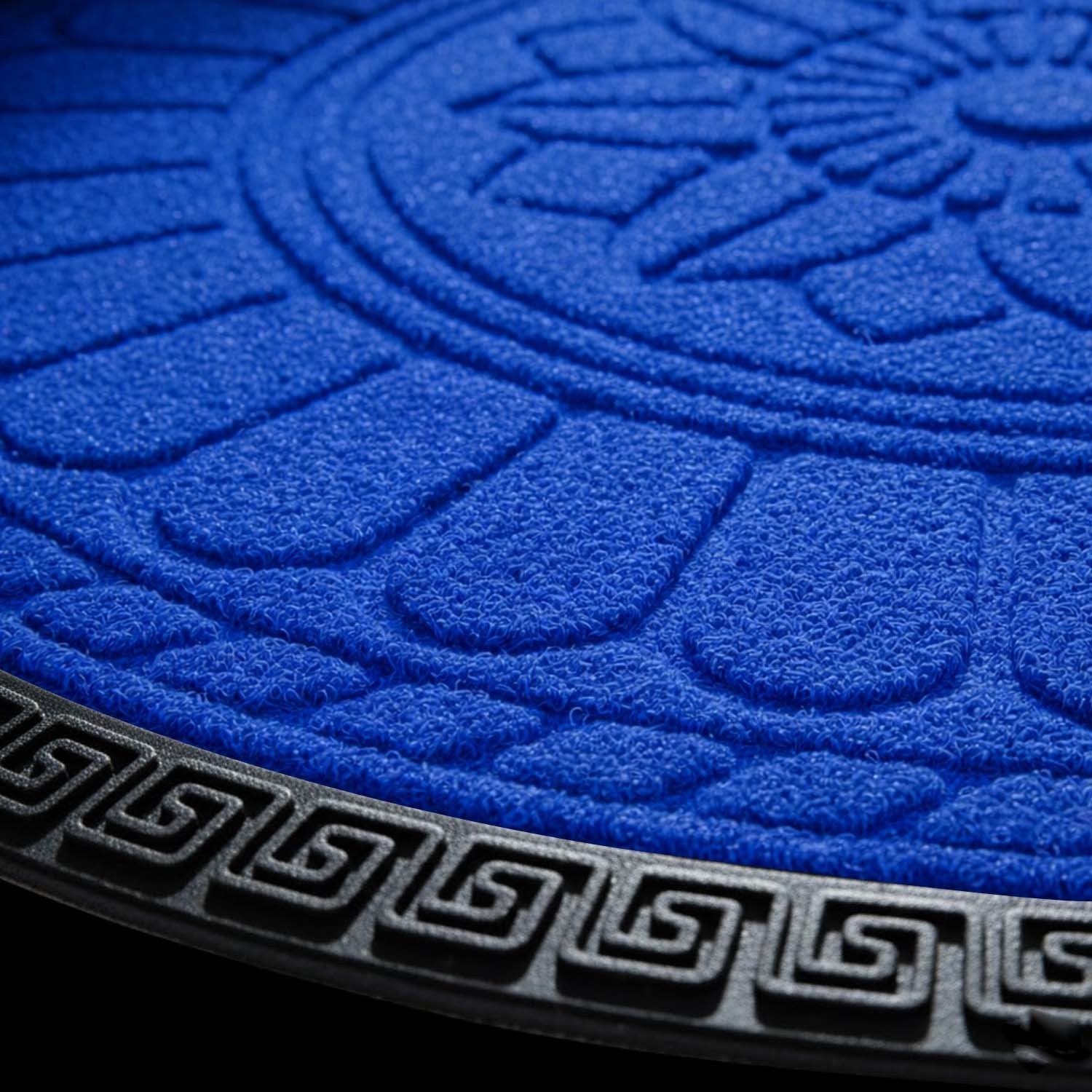 GoHooked Imperial Lotus blue rubber half circle door mat with embossed floral pattern and black geometric border.