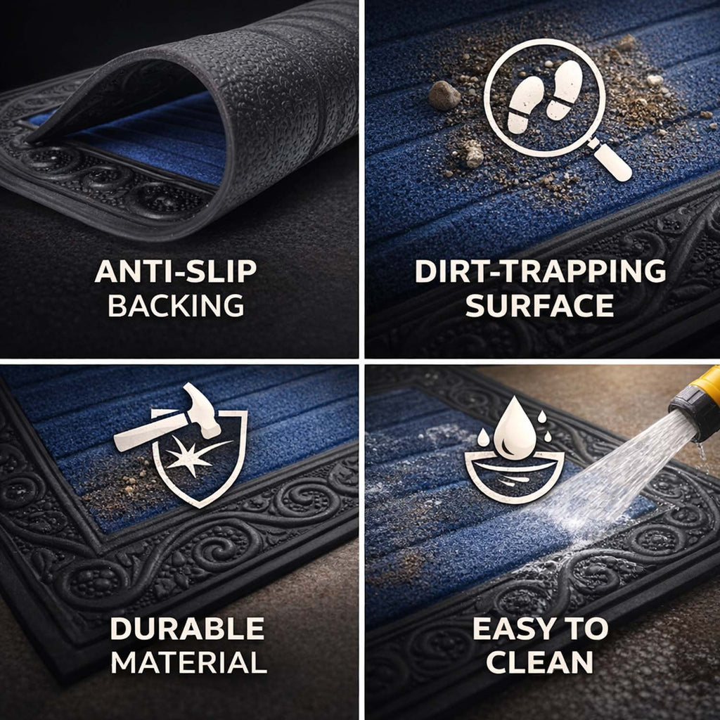 GoHooked blue rubber door mat with ribbed surface, anti-slip backing, and decorative border for home entrance.