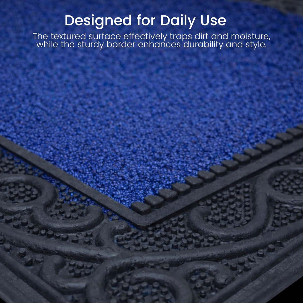 GoHooked blue rubber door mat with a textured pebble surface and decorative black border for dust control