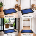 GoHooked blue rubber door mat with pebble texture and footprint design, shown in home entrance, bathroom, and kitchen.
