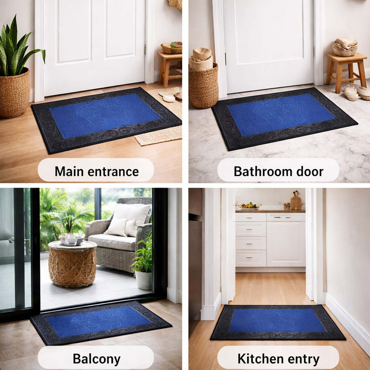 GoHooked blue rubber door mat with pebble texture and footprint design, shown in home entrance, bathroom, and kitchen.