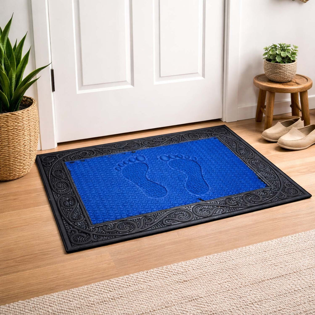 GoHooked blue rubber door mat with pebble texture and footprint design for home entrance and dust control