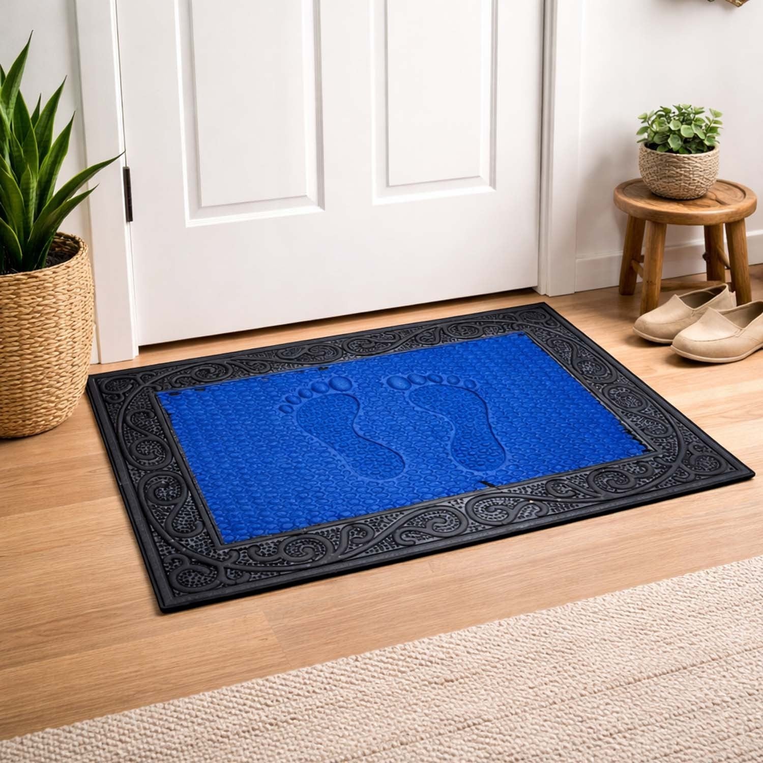 GoHooked blue rubber door mat with pebble texture and footprint design for home entrance and dust control