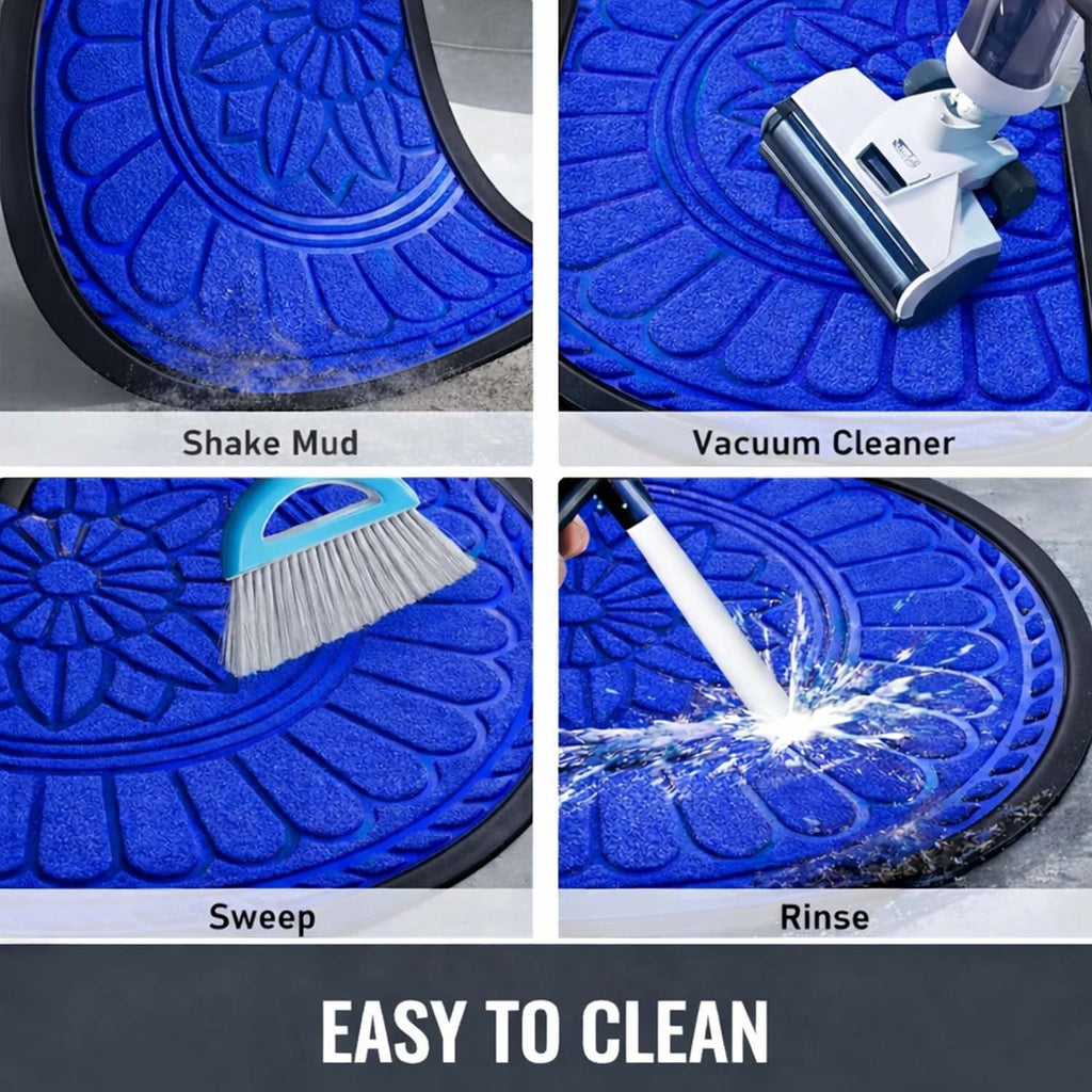 GoHooked Imperial Lotus blue half circle rubber door mat showing easy cleaning methods like shaking, vacuuming, and rinsing.