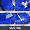 GoHooked Imperial Lotus blue half circle rubber door mat showing easy cleaning methods like shaking, vacuuming, and rinsing.