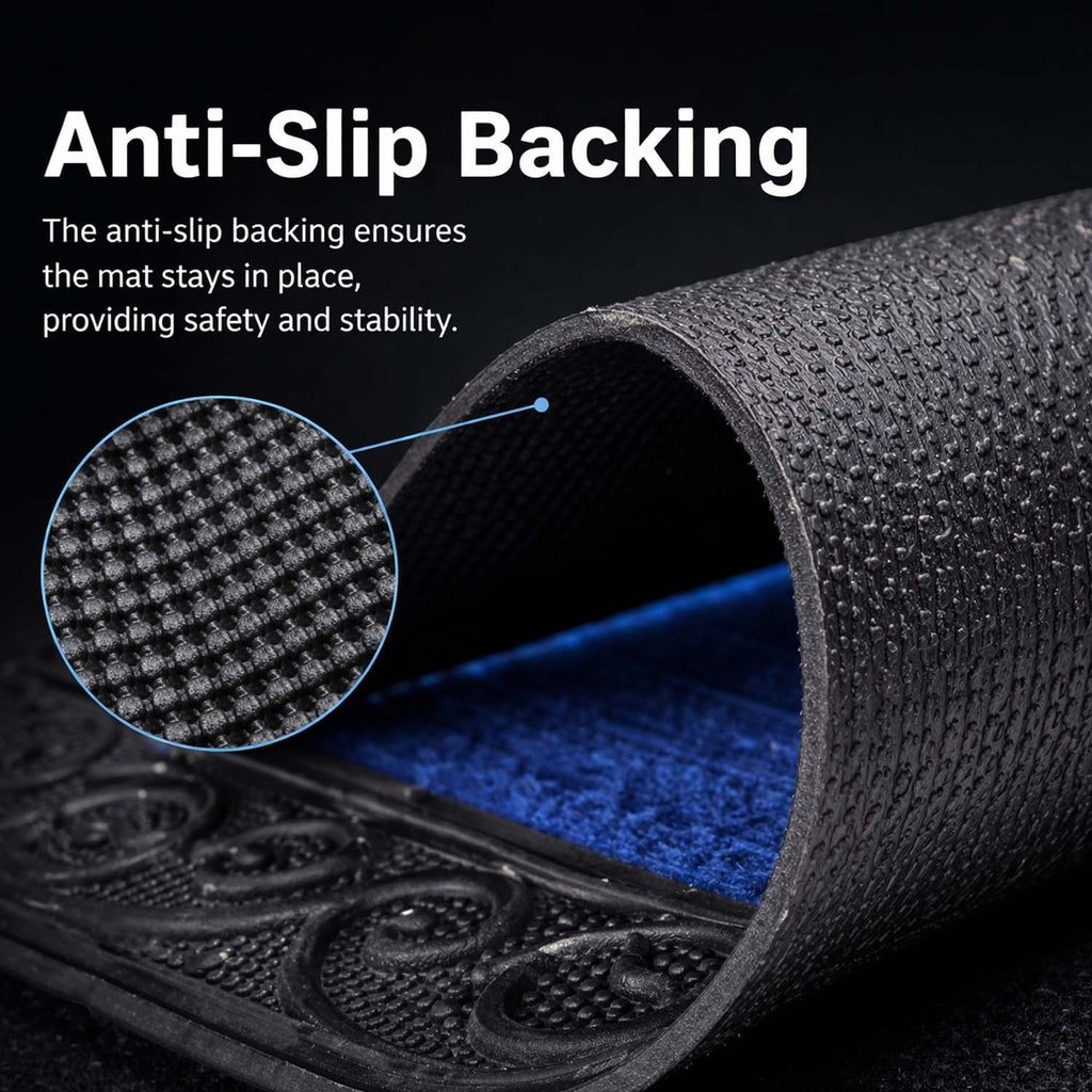 GoHooked blue rubber door mat with anti-slip textured backing and decorative border for home entrance