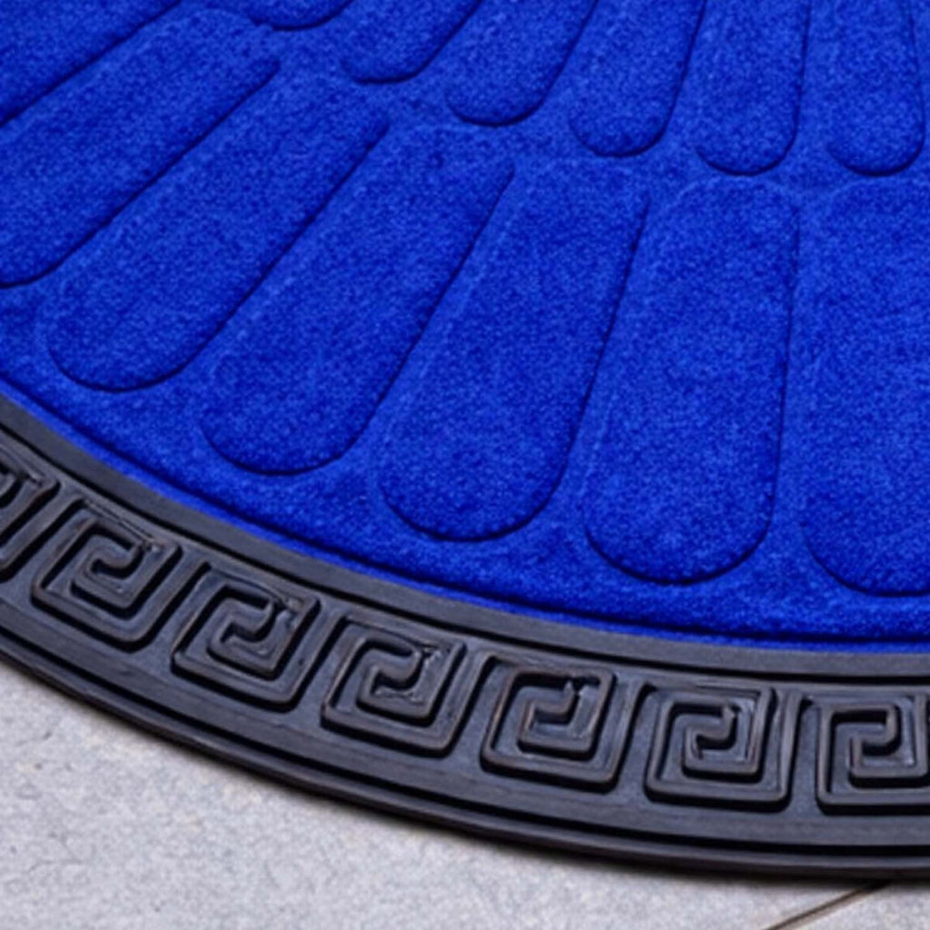 GoHooked royal blue semi-circle rubber door mat with a black Greek key border design for home and office entrances.