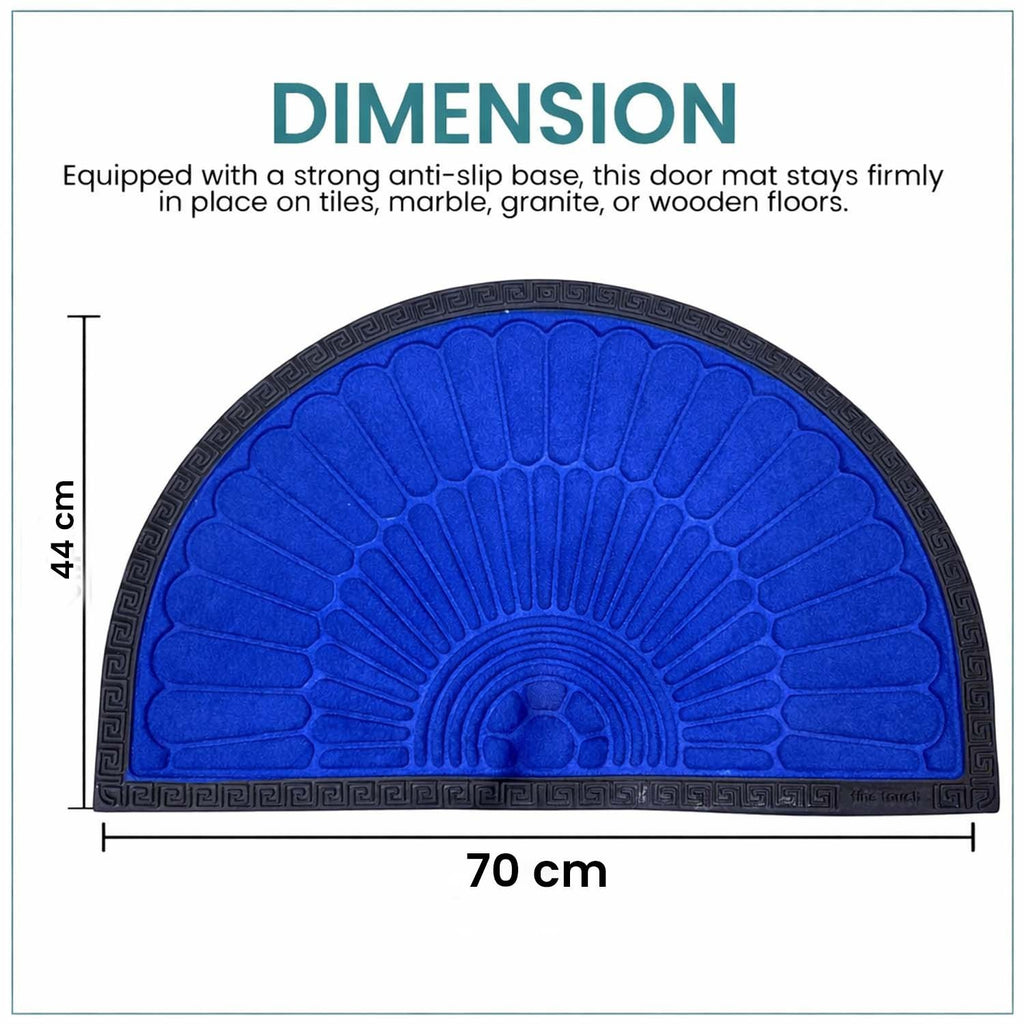 GoHooked royal blue semi-circle rubber door mat with black border and anti-slip base, 70x44 cm dimensions.
