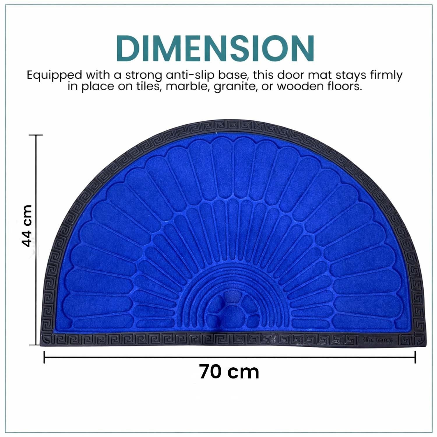 GoHooked royal blue semi-circle rubber door mat with black border and anti-slip base, 70x44 cm dimensions.