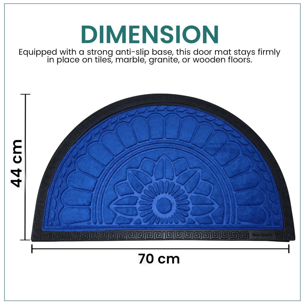 GoHooked Imperial Lotus blue half circle rubber door mat with embossed floral pattern and anti-slip base, 70x44 cm.