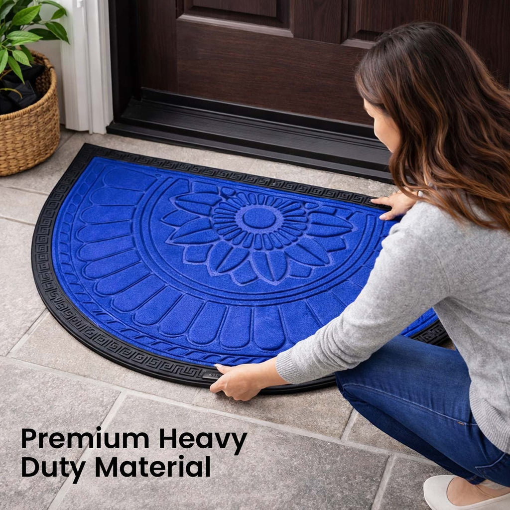 GoHooked Imperial Lotus blue half circle rubber door mat with embossed floral pattern and anti-slip border.