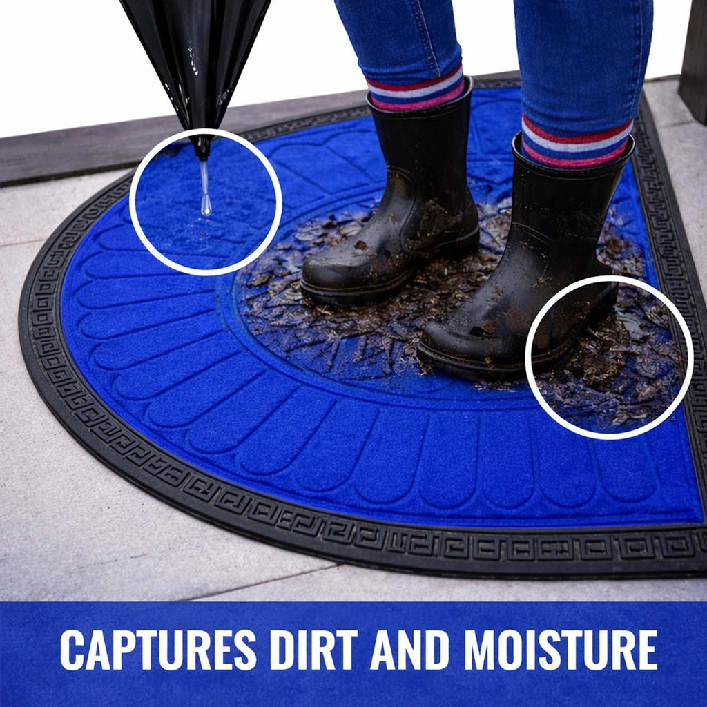 GoHooked blue rubber half circle door mat with black border, capturing dirt and moisture from rain boots.