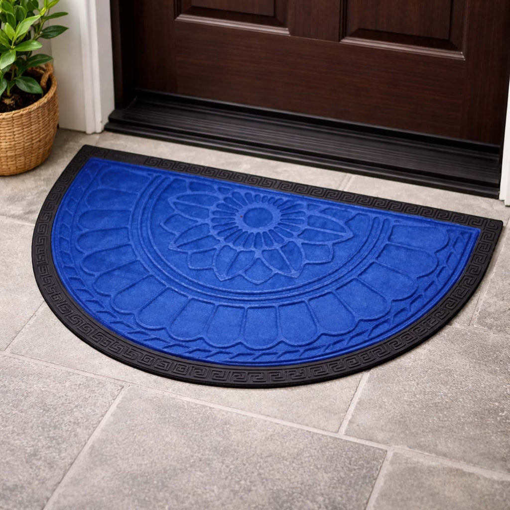 GoHooked Imperial Lotus blue half circle rubber door mat with embossed floral pattern and anti-slip border