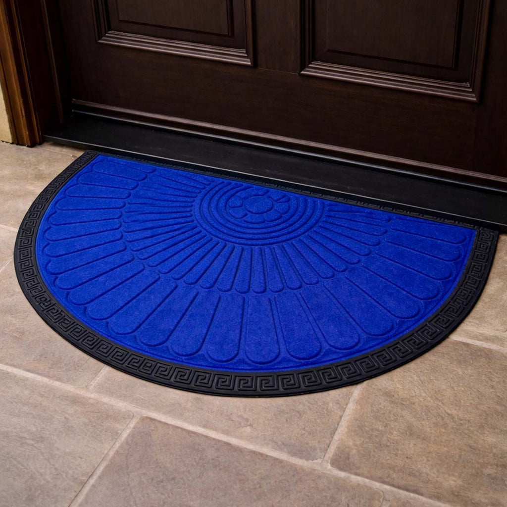 GoHooked blue rubber half circle door mat with black border and sunburst pattern at a home entrance