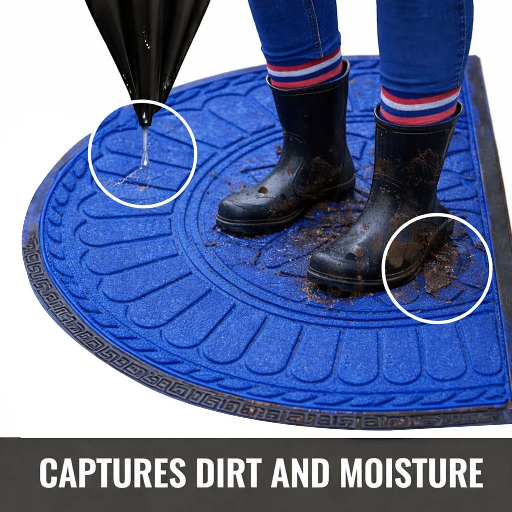 GoHooked blue rubber half circle door mat with embossed floral pattern, anti-slip and waterproof for home entrance.