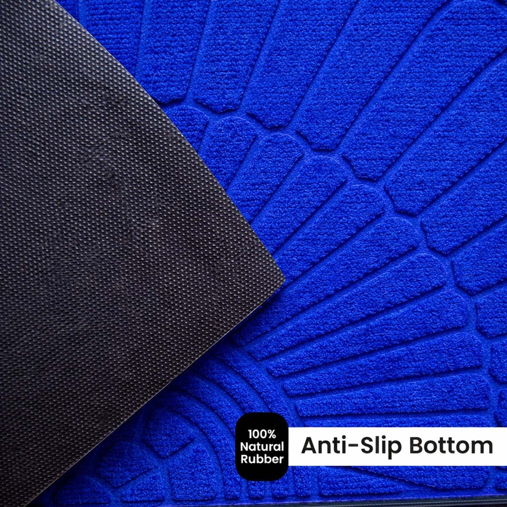GoHooked blue rubber half circle door mat with textured sunburst pattern and anti-slip black base for home entrance