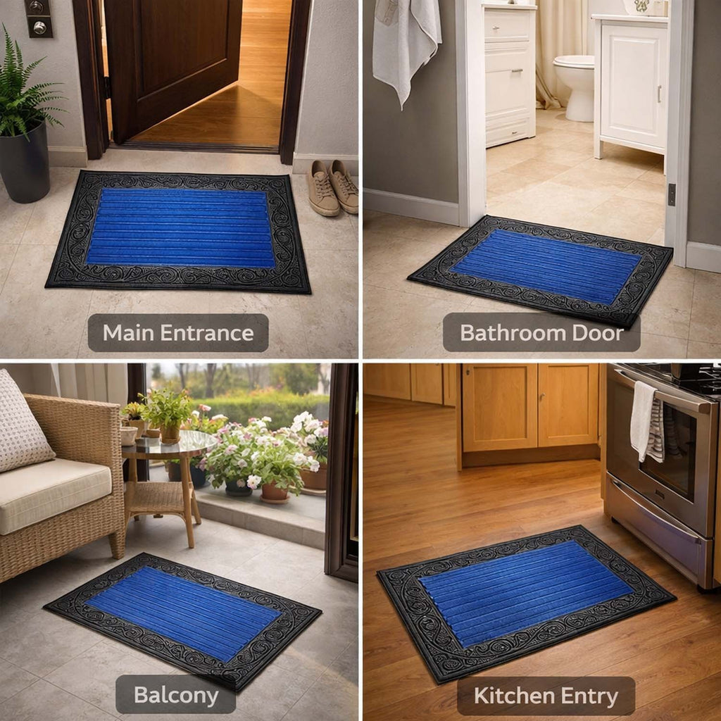 GoHooked blue rubber door mat with a decorative black border and ribbed surface for home and office entrances.