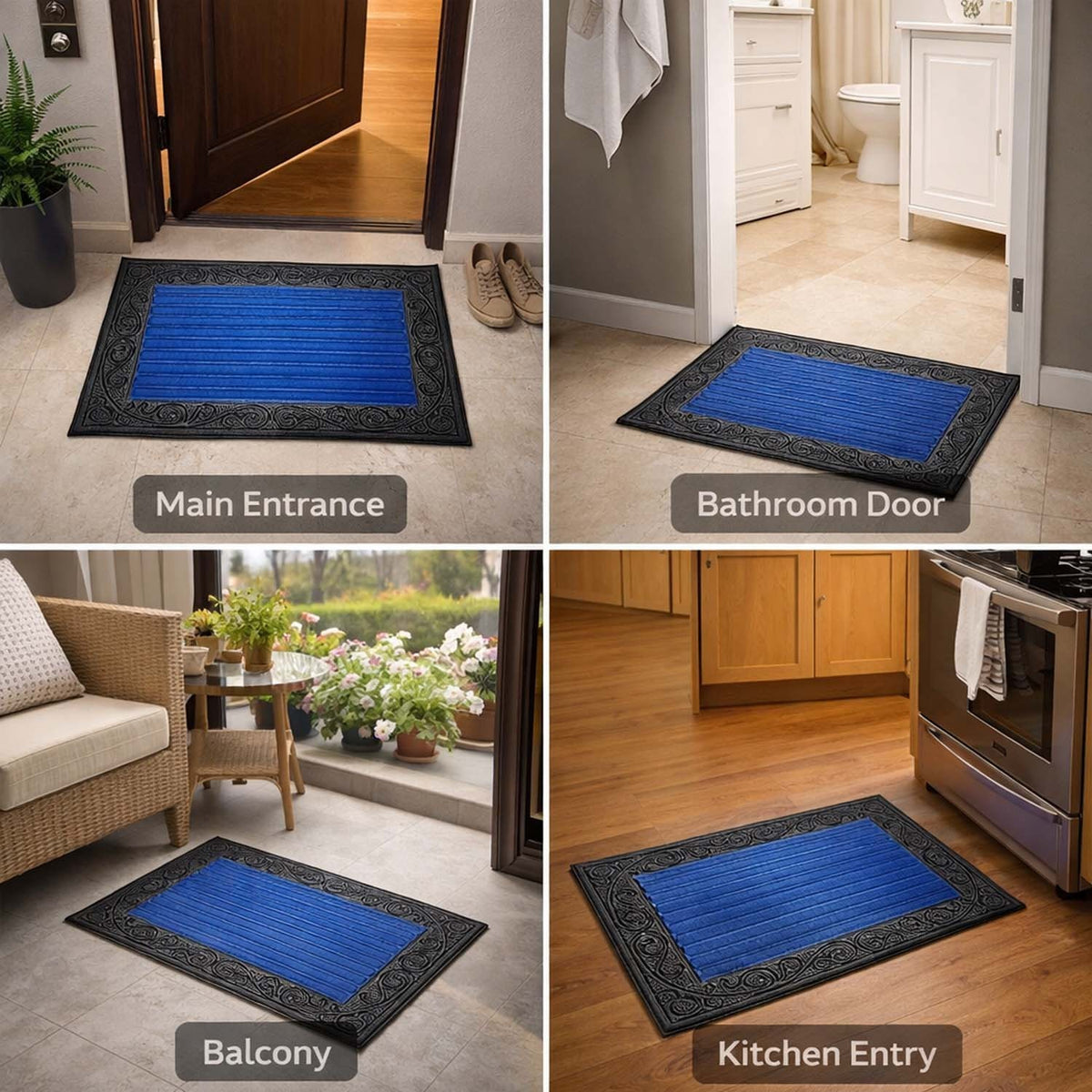 GoHooked blue rubber door mat with a decorative black border and ribbed surface for home and office entrances.