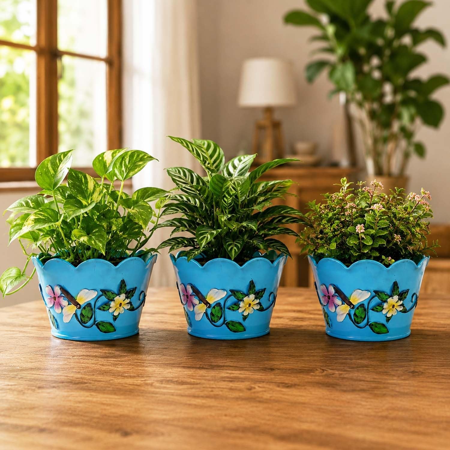 GoHooked blue scalloped plastic flower pots with floral and butterfly design, set of 3, for indoor plants.