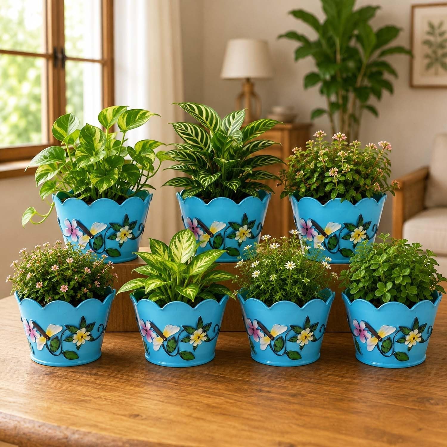 GoHooked blue scalloped edge plant pots with butterfly and floral design, set of 3, for indoor plants.