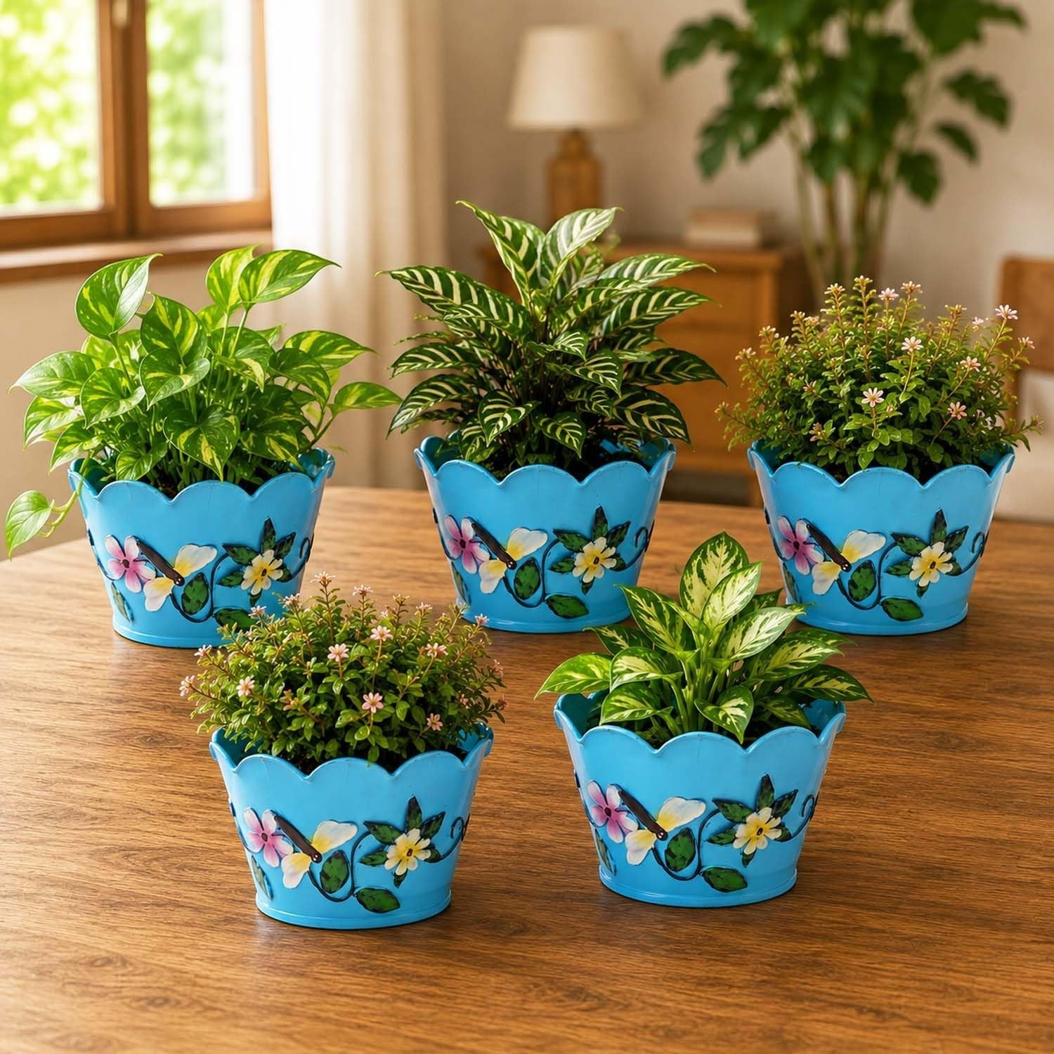 GoHooked blue scalloped edge planters with floral and butterfly design, set of 5, for indoor plants.