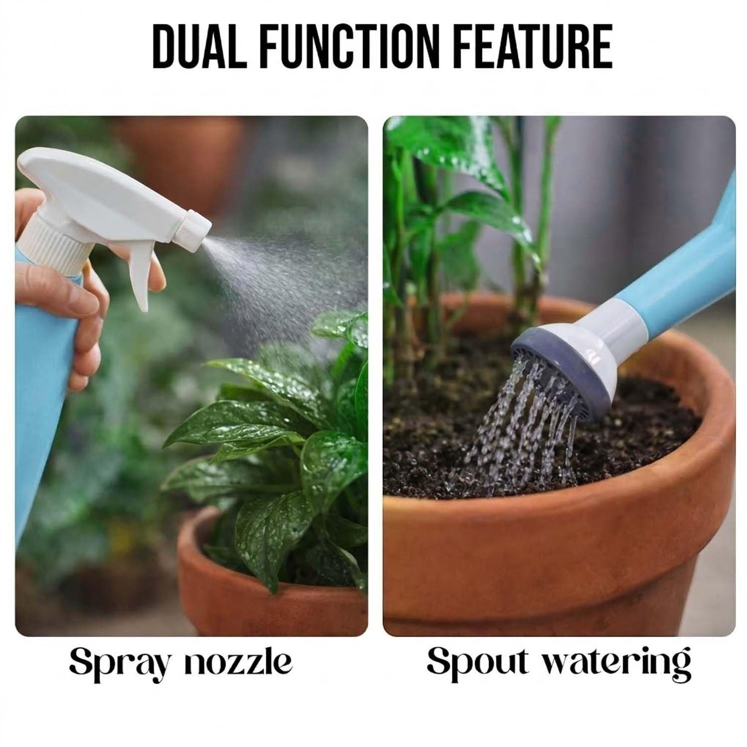 GoHooked blue 1L plastic watering can with spray nozzle and shower head for indoor plants.