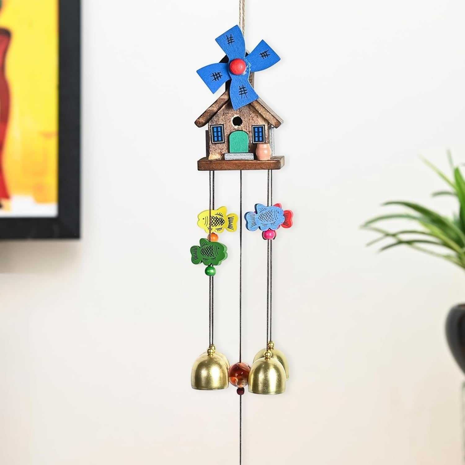 GoHooked blue windmill house wind chime with brass bells and colorful fish accents, metal, for positive energy and home decor.