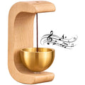 GoHooked wooden C-shaped frame holding a brass bell wind chime with musical notes graphic.