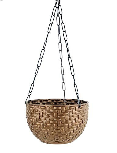GoHooked bronze round plastic hanging planter with woven texture and black chain.