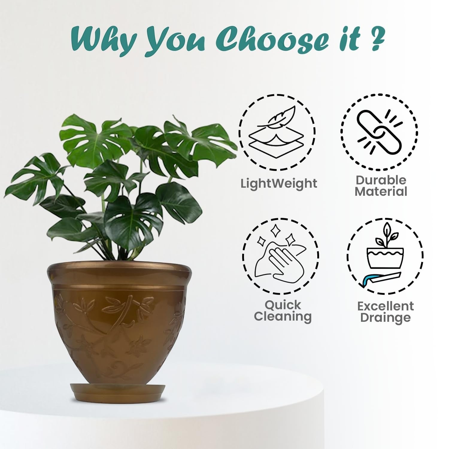 Go Hooked bronze plastic planter pot with embossed floral design and matching saucer, ideal for indoor/outdoor plants.
