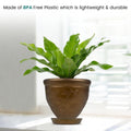 Go Hooked bronze plastic planter pot with embossed floral design and matching saucer, holding a bird's nest fern.