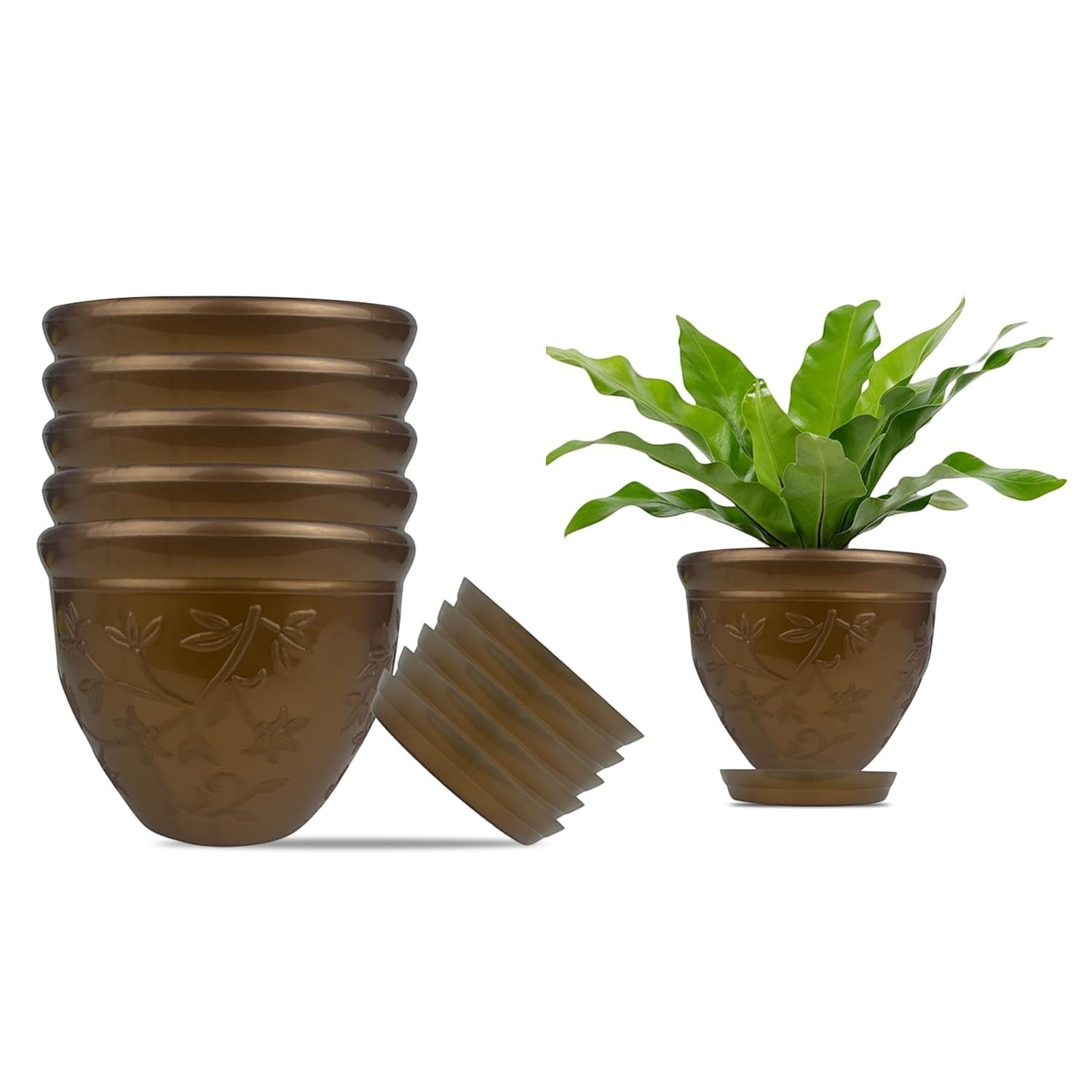 GoHooked set of 6 bronze plastic planter pots with saucers, featuring a modern twister design with embossed floral details.