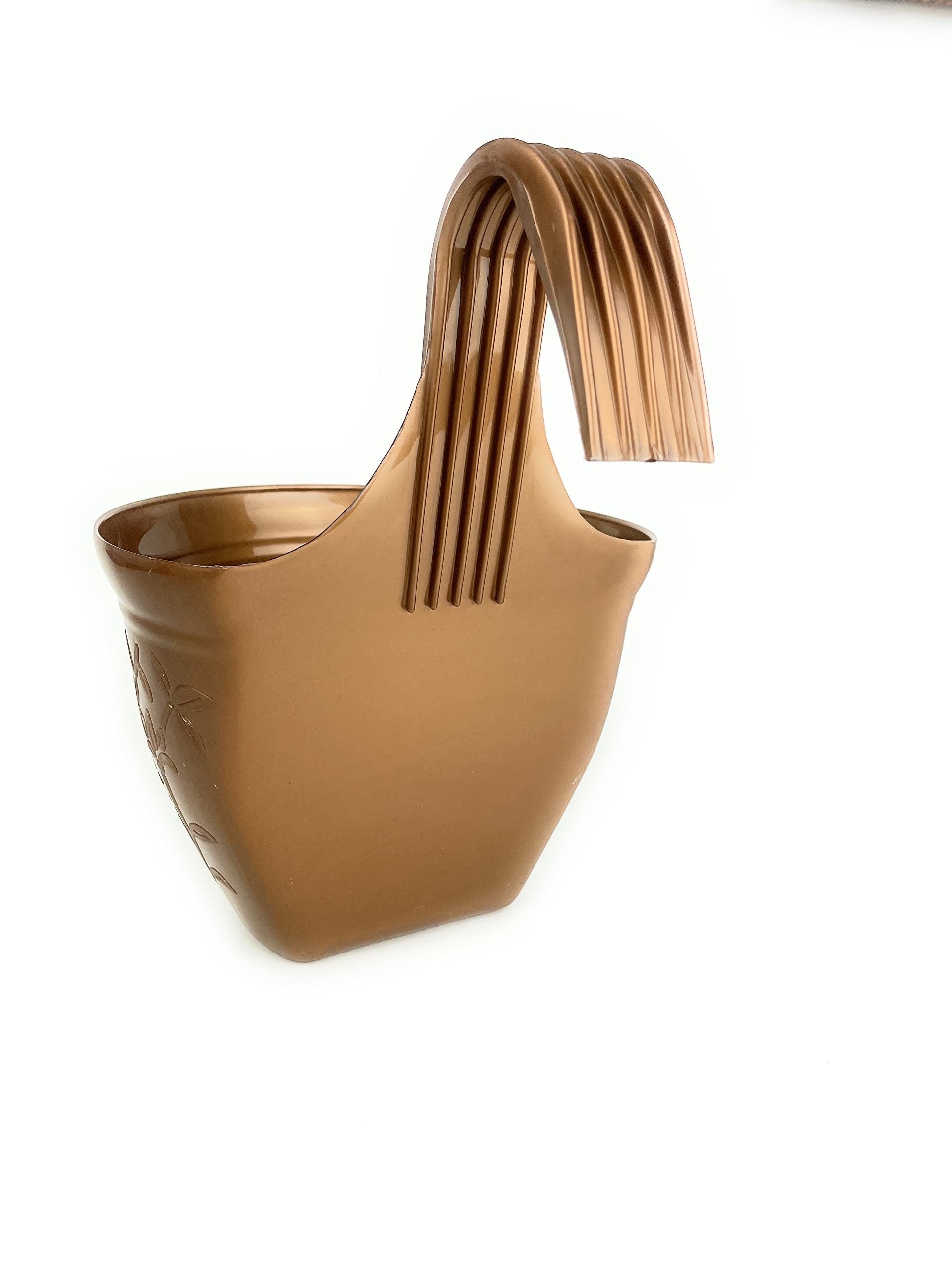 GoHooked bronze plastic railing planter with embossed floral design and ribbed hanging hook. Unbreakable and UV stabilized.