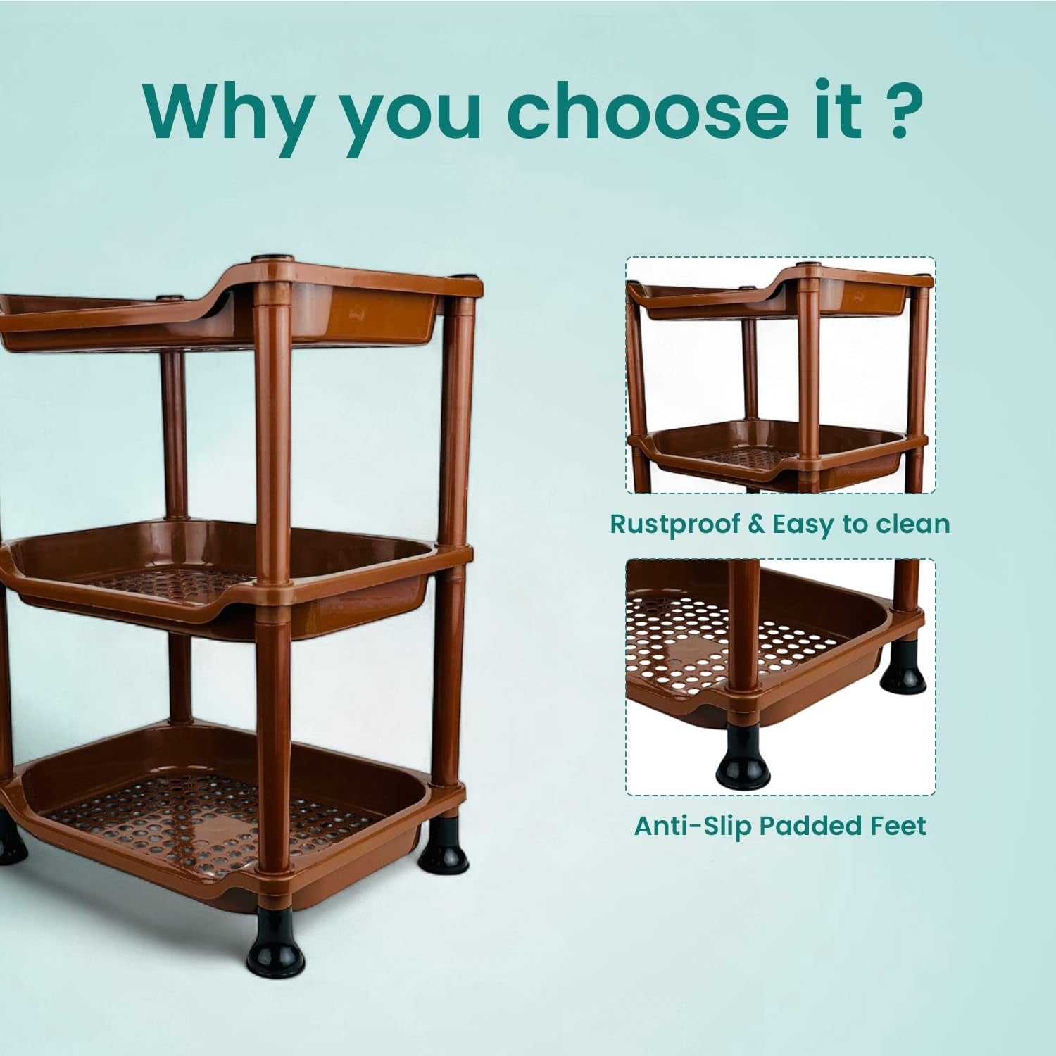GoHooked brown 3-tier corner storage rack organizer with perforated shelves and anti-slip padded feet.