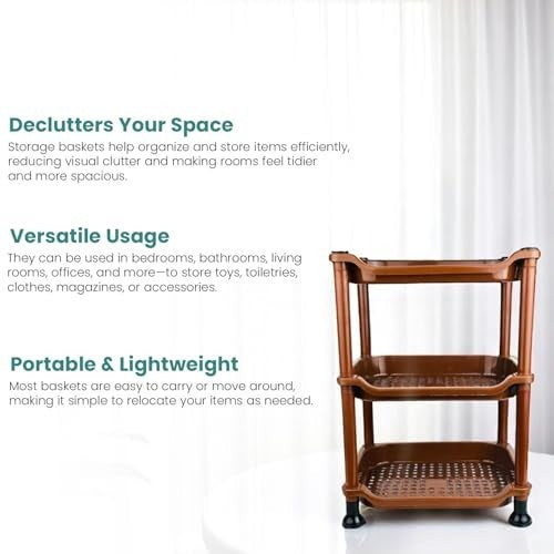 GoHooked brown 3-tier plastic storage rack organizer with perforated shelves, ideal for fruits, vegetables, or home essentials.