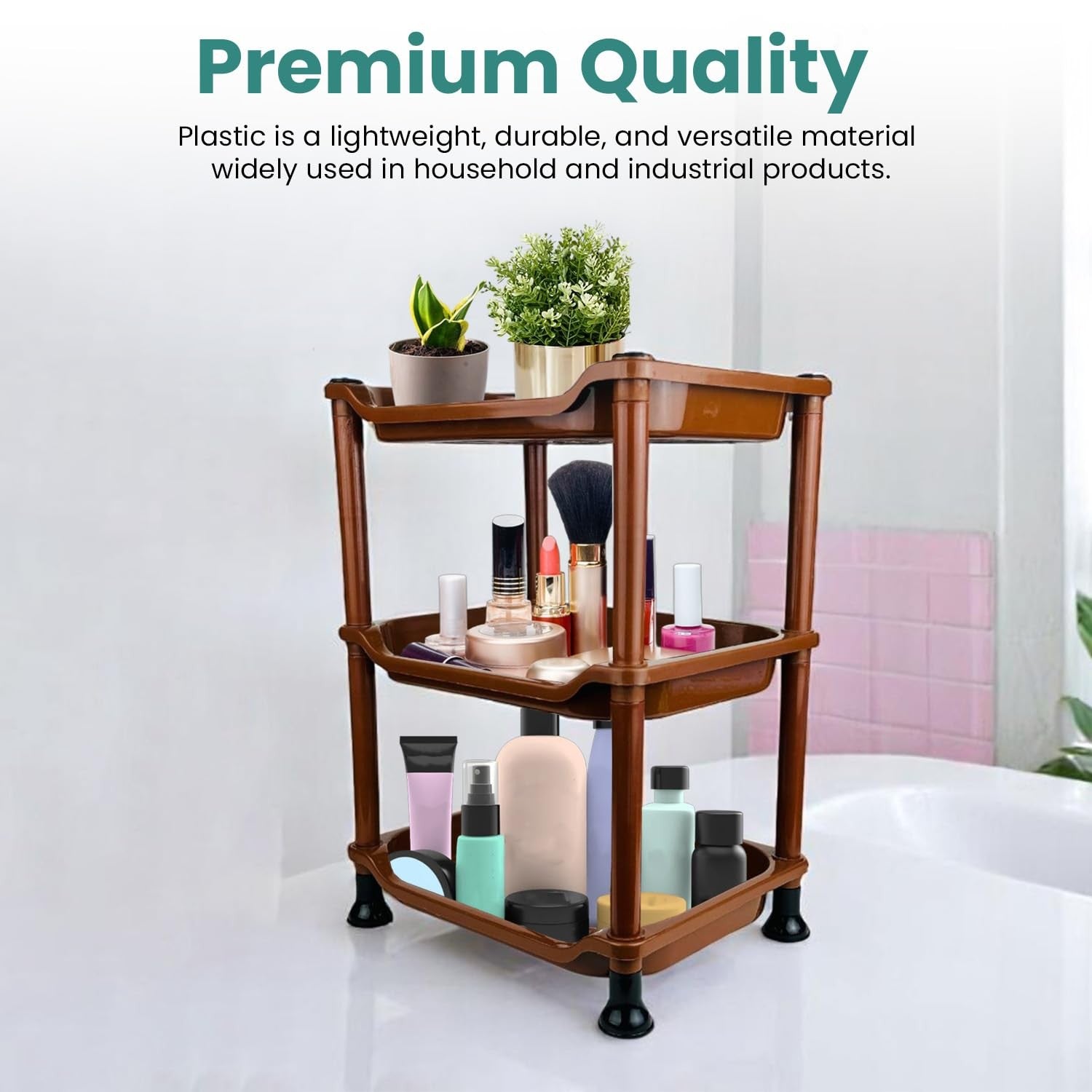 GoHooked brown 3-tier plastic storage rack organizer with makeup and plants