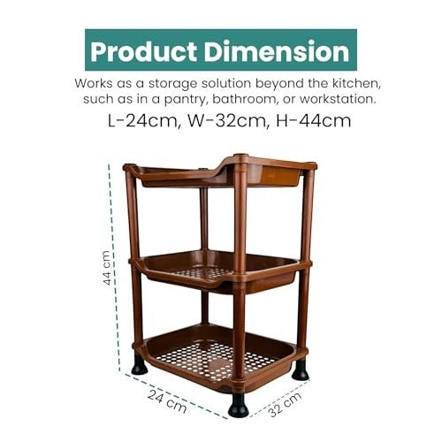 GoHooked brown 3-tier corner storage rack organizer for vegetables, fruits, and home essentials. Space-saving vertical design.
