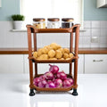 GoHooked brown 3-tier plastic storage rack organizer filled with potatoes and onions, topped with jars.