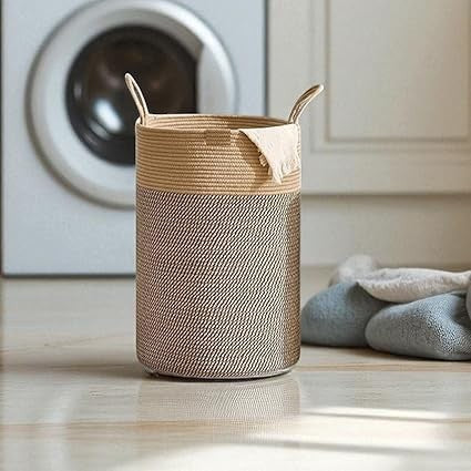 GoHooked brown and black cotton rope laundry basket with sturdy handles for home storage