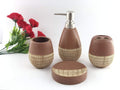 Go Hooked 4-piece brown ceramic bathroom accessories set with textured detail. Includes soap dish, dispenser, tumbler, and toothbrush holder.