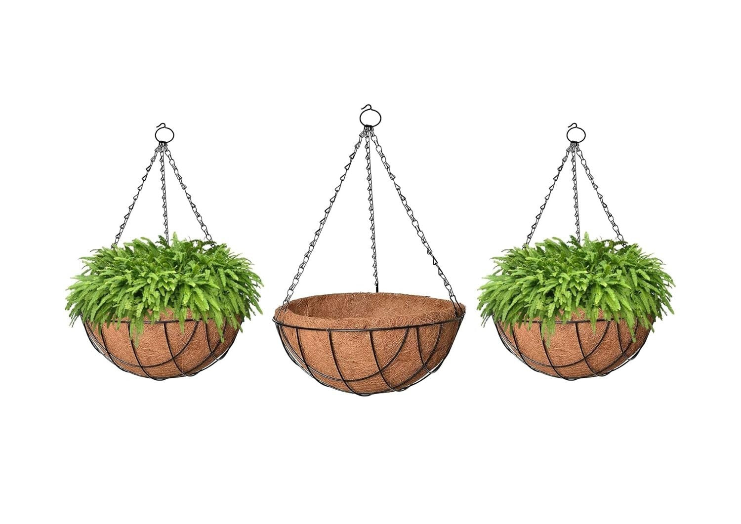 GoHooked Set of 3 brown 10" coir hanging baskets with metal chains, ideal for outdoor gardening.