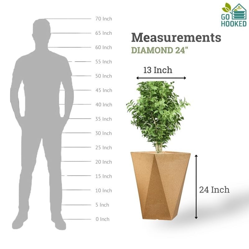 GoHooked brown diamond textured 24-inch polymer planter pot with a plant. Shows scale against a silhouette.